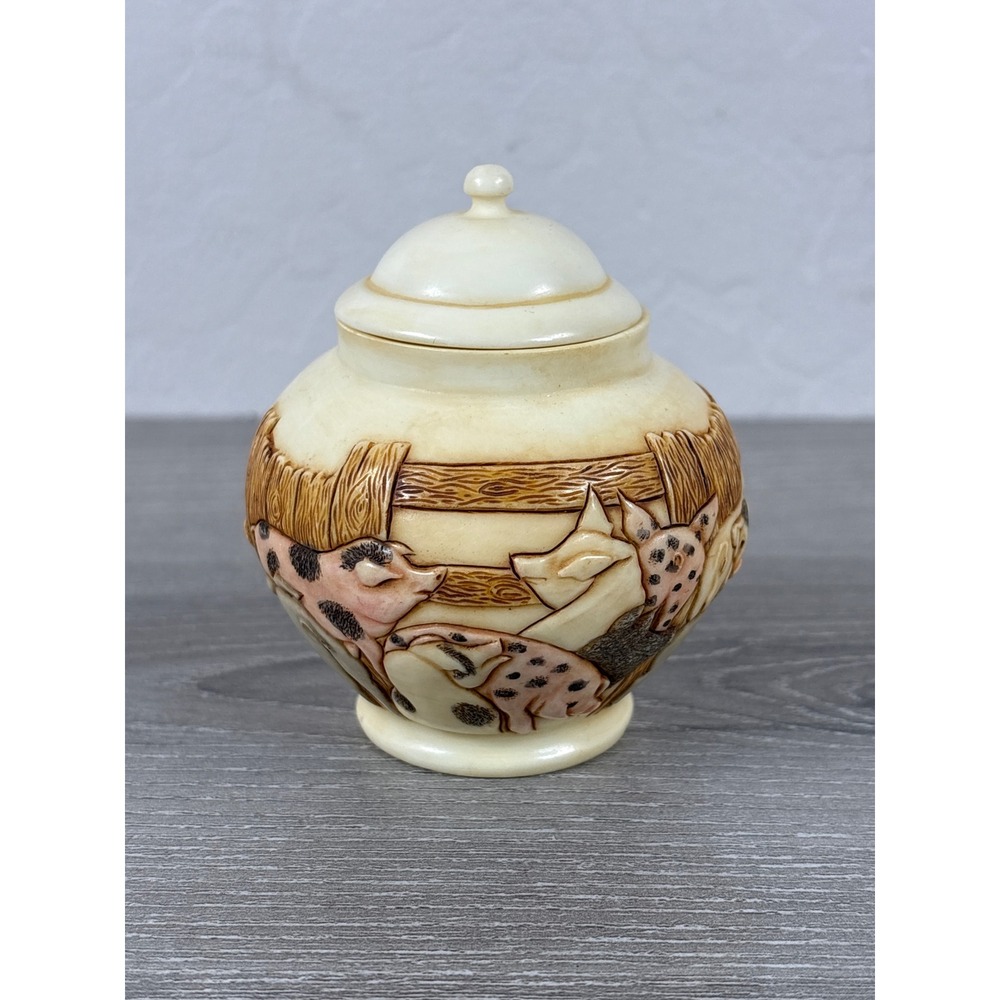 Jardinia Farmyard Friends Carved Resin Pig Trinket Box Jar with Lid 2003 Vintage